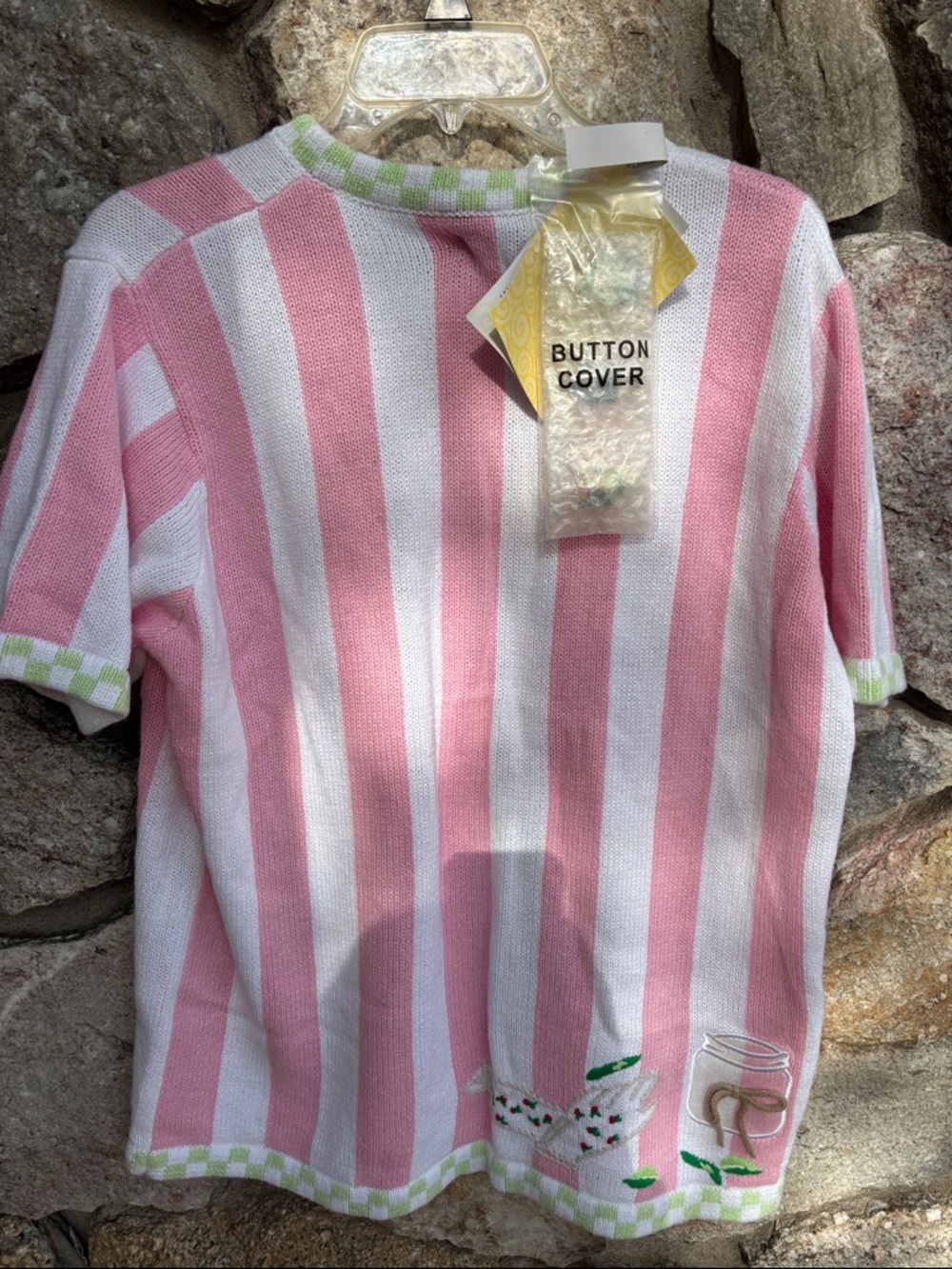Vintage Pink & White Striped Embroidered Short-Sleeve Cardigan with plants - Picture 5 of 7